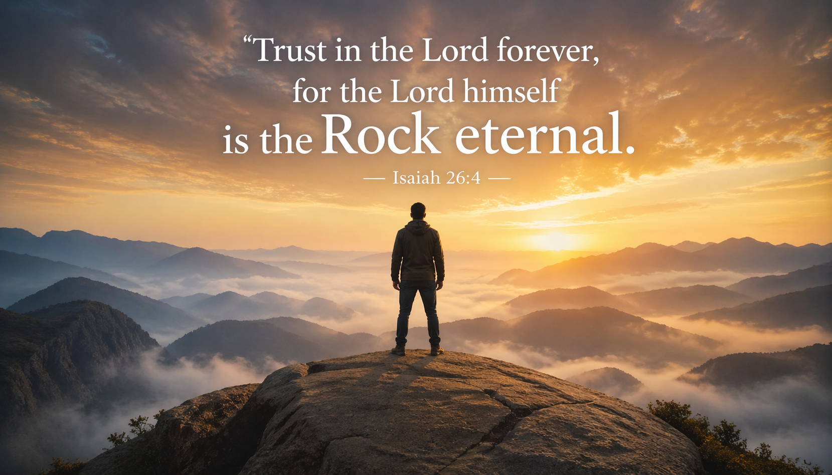 Lone figure standing confidently atop large flat boulder above misty valley face lifted toward sunrise -- Isaiah 26:4 trust lord rock eternal wallpaper
